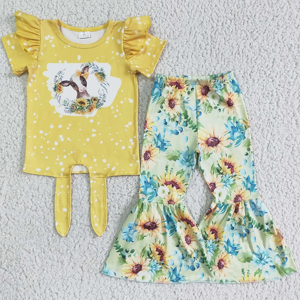 

RTS Wholesale Children Girls Clothing Fall Boutique Kids Clothes Girls Bell Pants Set Cow Flower Print Cute Toddler Girl Clothes