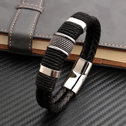 Fashion 2layer Leather Bracelets with Stainless Steel Magnet Trendy Multilayer Bracelet Homme Jewelry Male Bangle Wholesale Bulk