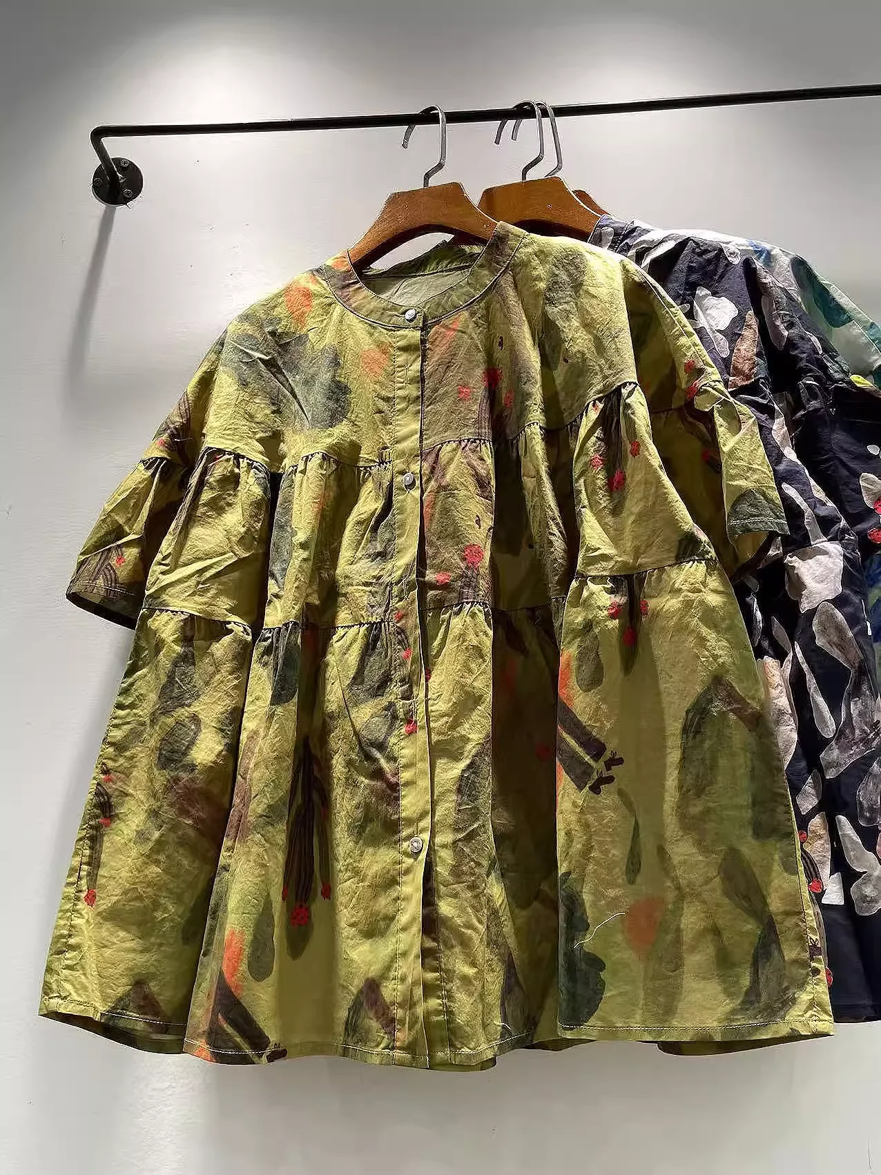 ผ้าฝ้าย 100% เสื้อขนาดใหญ่เสื้อผู้หญิงสไตล์ Pastoral คอสั้นแขนเสื้อพิมพ์เสื้อและเสื้อผู้หญิงวัยกลางคน C