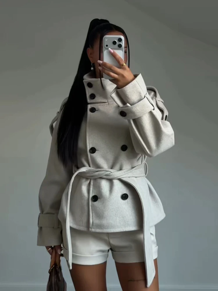 Women’s Woolen Cropped Jacket Fashion Belt Button Jacket Pockets Coat Vintage Autumn Winter Clothes Outerwear 2026 Beige Brown
