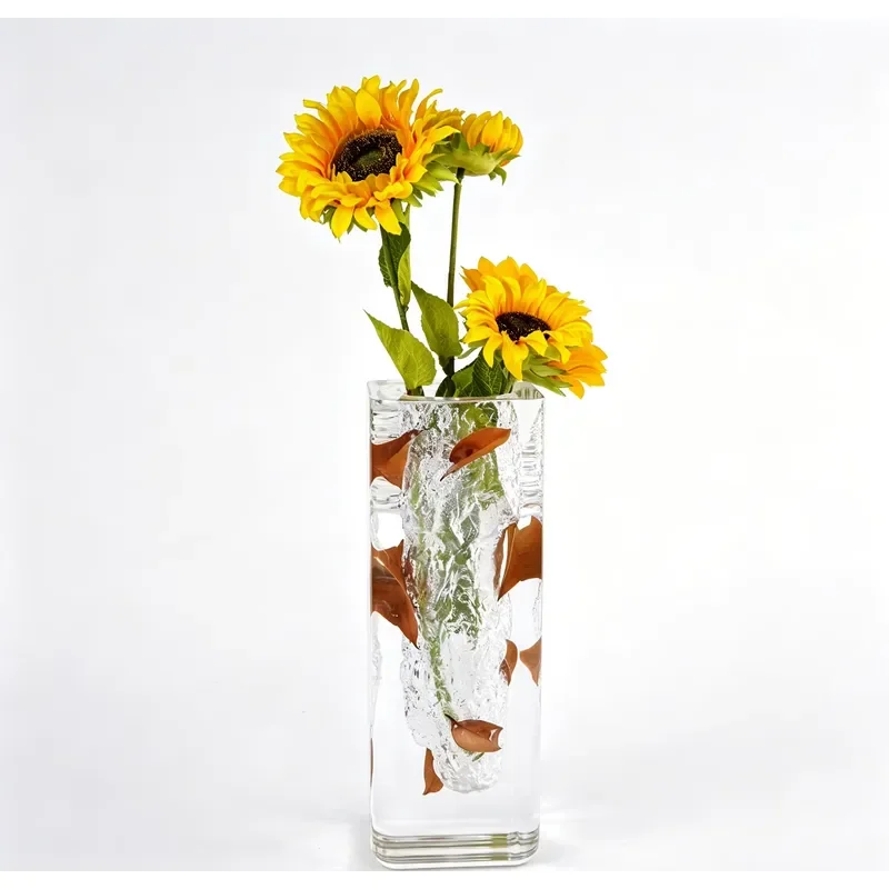 Nordic Style Crystal Transparent Glaze Vase Modern Handmade Rounded Corner Stone Pattern Inlay Home Decor Flower Arrangement