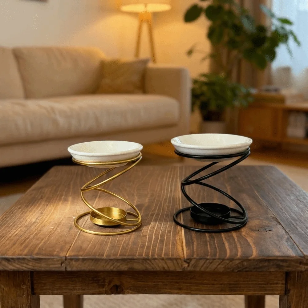 Tea Light Minimalist Essential Oil Burner Ceramic Bowl Iron Base Incense Burner Creative Portable Aromatherapy Candle Holder SPA