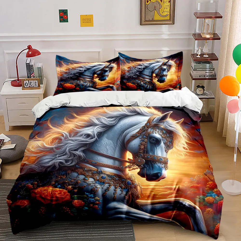 Majestic White Horse with Sunset Roses Duvet Cover Set with 3D Printing Design Soft Polyester Bedding Set All-Season Comfort