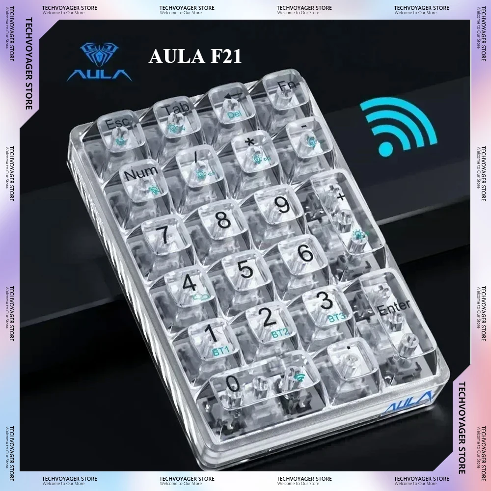 Aula F21 Transparent Numeric Keypad 21key RGB Hot Plugging Wireless Bluetooth Tri Mode Long Endurance Keyboard Gaming PC Custom