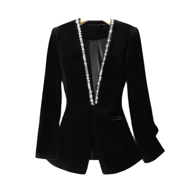 Gold velvet beaded Women Blazer 2024 New Korean Fashion Autumn Long Sleeve  Office Work Blazers Lady Jackets Coat Female Tops