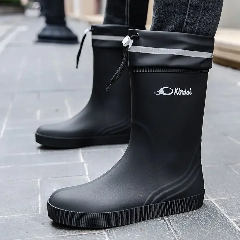 Warm Rain Boots for Men Drawstring Man Shoes Beige Winter Gum Original Waterproof and Non-slip Plastic Rubber Work Resistant New