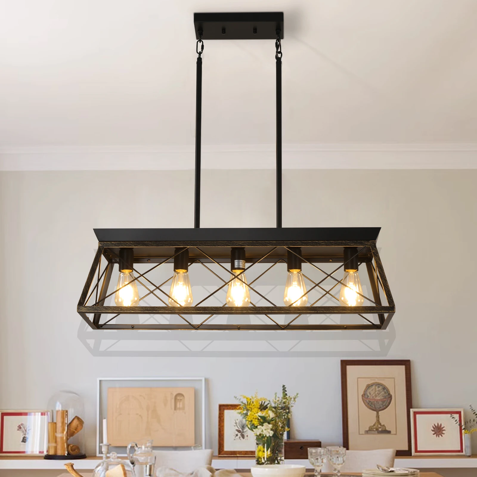 Farmhouse Chandeliers 5-lamp modern metal rectangular island lamp, suitable for living rooms, dining rooms, kitchens (No Bulbs)