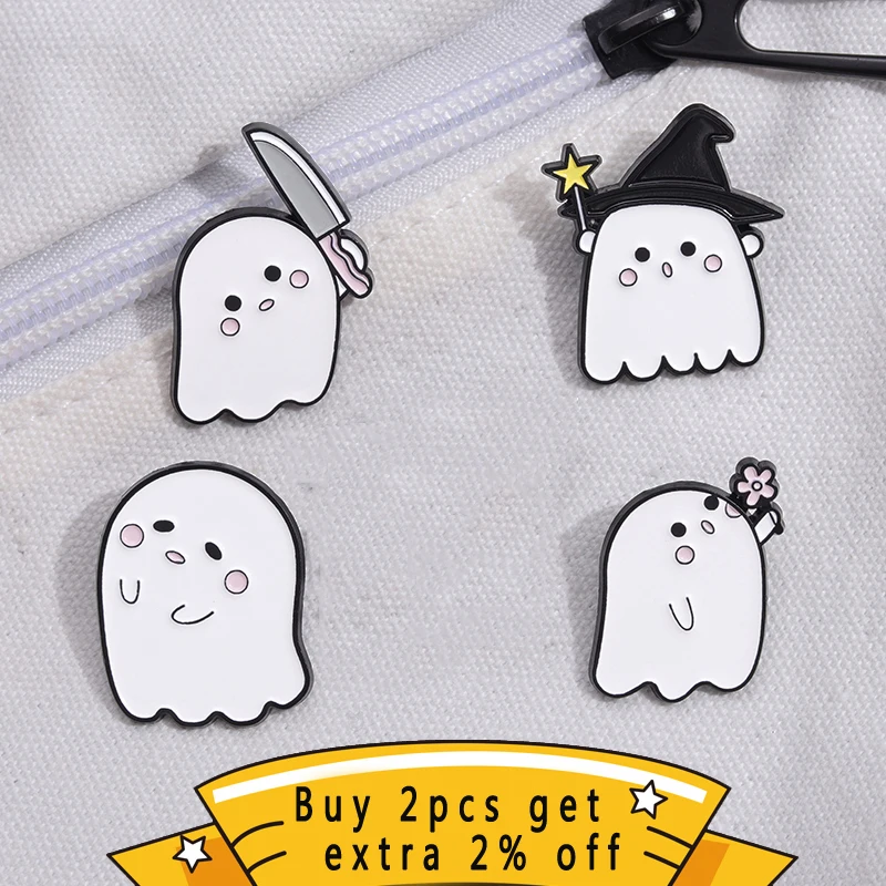 Boo Ghost Enamel Pins Custom Magic Stick Flower Dagger Spooky Brooches Lapel Badges Punk Halloween Festival Jewelry Gift