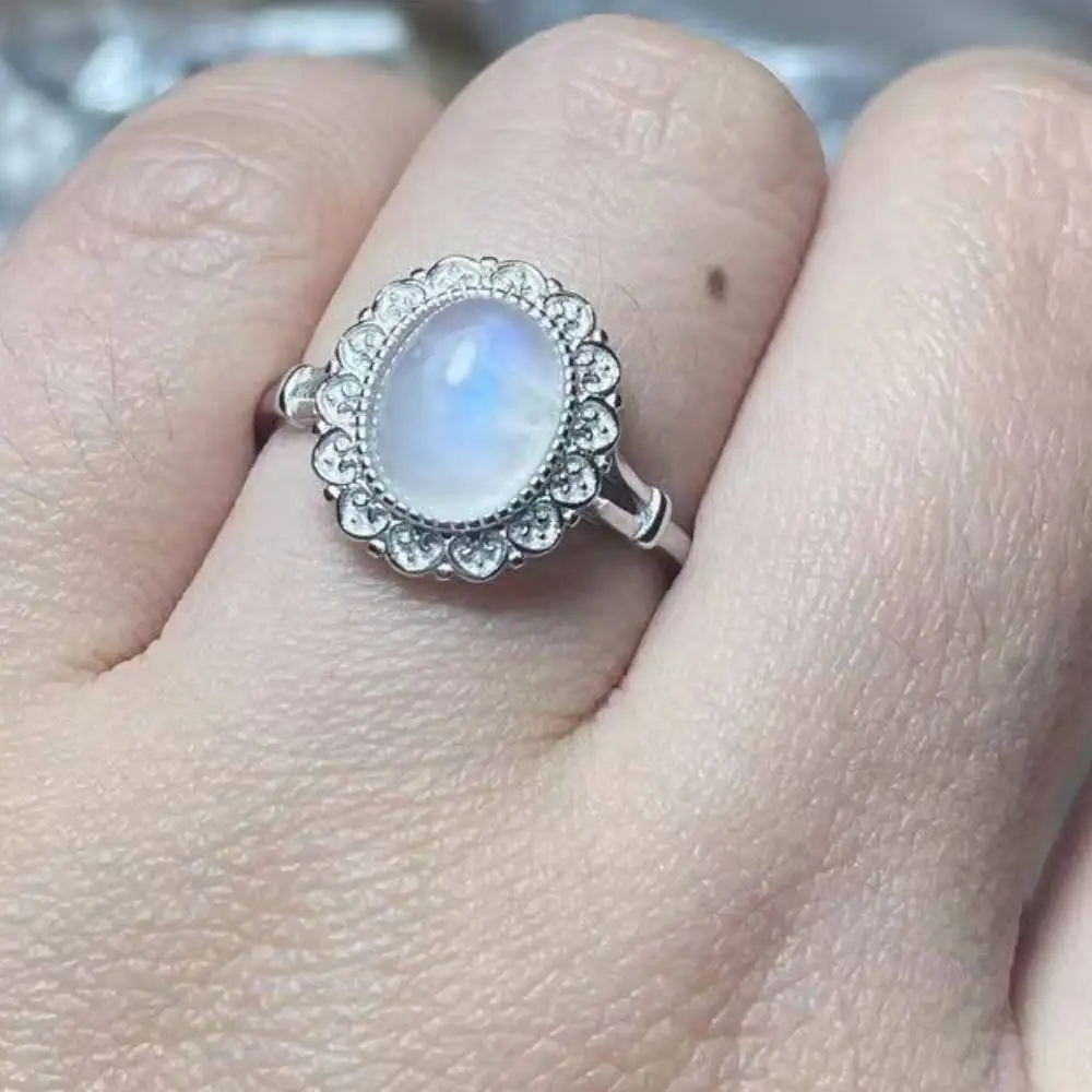 

925 sterling silver AKAC 100% natural moonstone adjustable ring stone size approx7*9mm