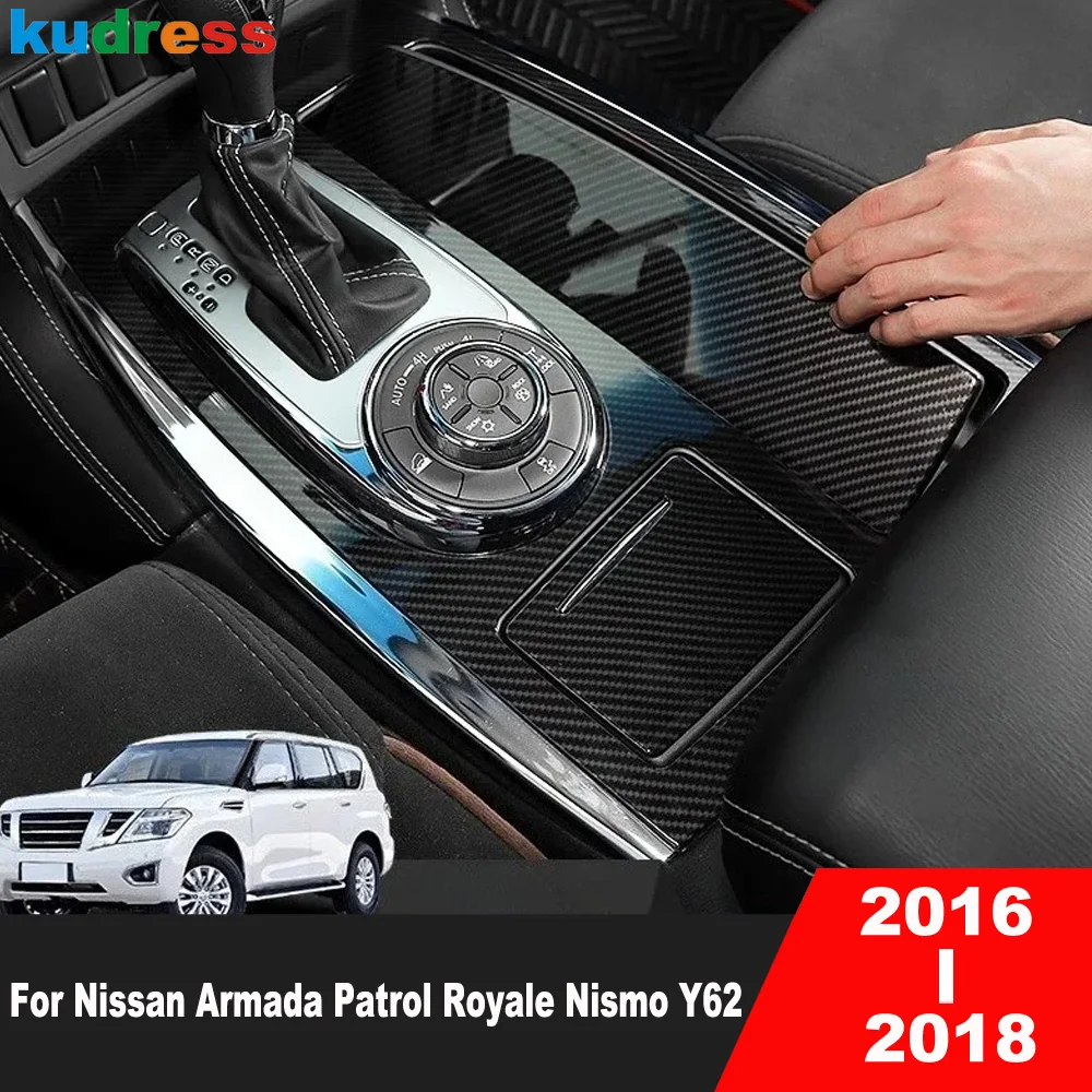 

For Nissan Armada Patrol Royale QX56 QX80 Y62 2016-2018 Carbon Car Center Console Gear Shift Box Panel Cover Trim Accessories