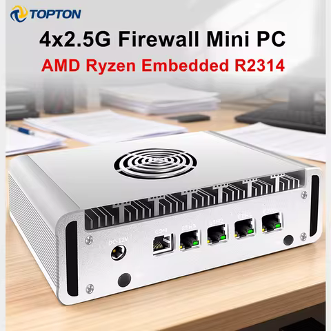 Topton Metal Firewall Mini PC With Fan AMD Ryzen Embedded R2314 4x2.5G LAN DDR4 NVMe 6xUSB Proxmox pfSense OPNsense Home Server
