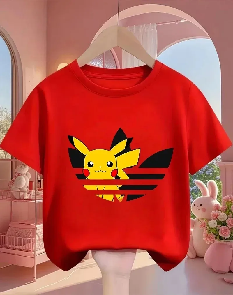 Camiseta Infantil Estilo Pikachu x Adidas - Camiseta Gráfica Pokémon Fofa, Top de Verão de Algodão de Manga Curta para Meninos e Meninas