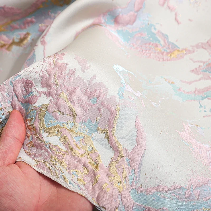 Pink Blue Gilded Block Texture Jacquard Polyester Fabric Chinese Style Relief Qipao Jacket Clothing Designer Fabric