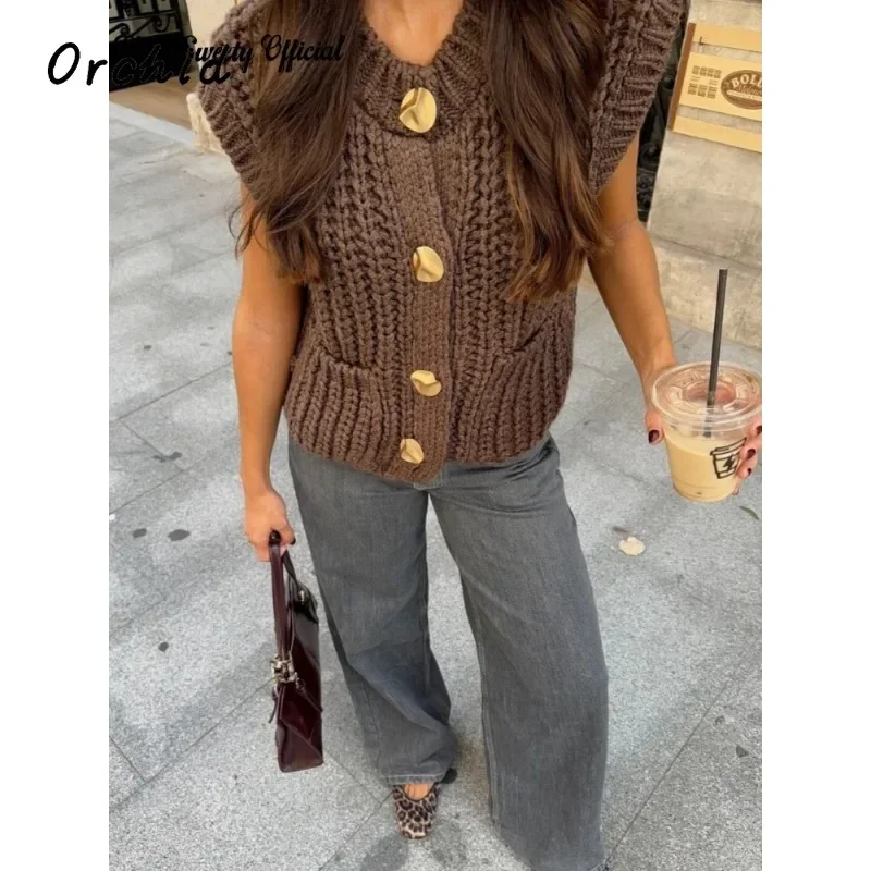 

Casual Brown Knit Vest Women Vintage O Neck Single Breasted Pocket Sweater Vests 2025 Spring Winter Solid Sleeveless Lady Tops
