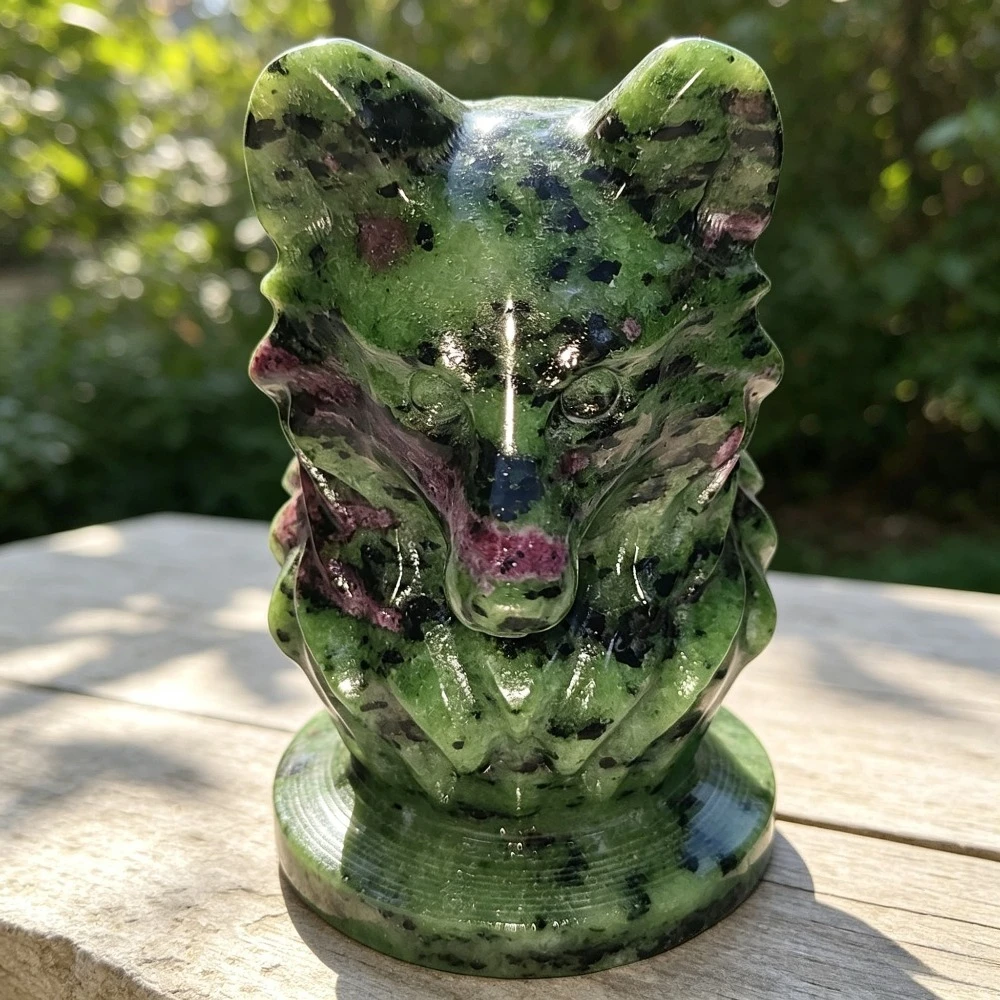 Escultura de cabeza de lobo de rubí natural y zoisita, adorno artesanal de piedra cristalina con forma de animal, decoración para el hogar, mesa, regalo coleccionable.