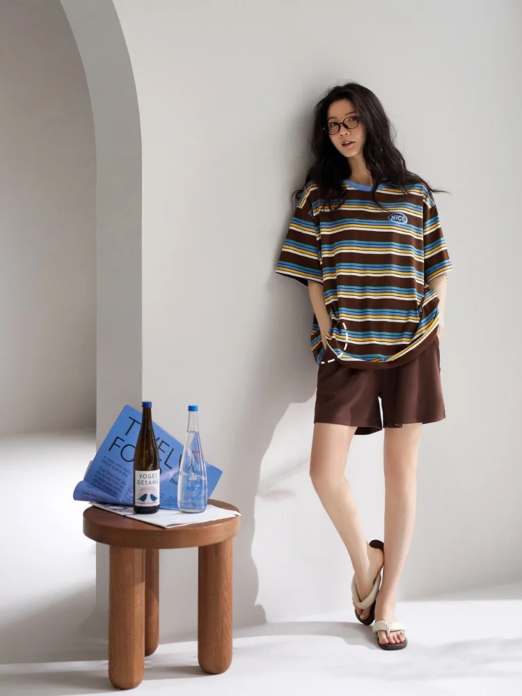 pure-cotton-summer-lightweight-short-sleeve-women's-sleepwear-shorts-home-clothes-retro-striped-outdoor-wearable-fashionable