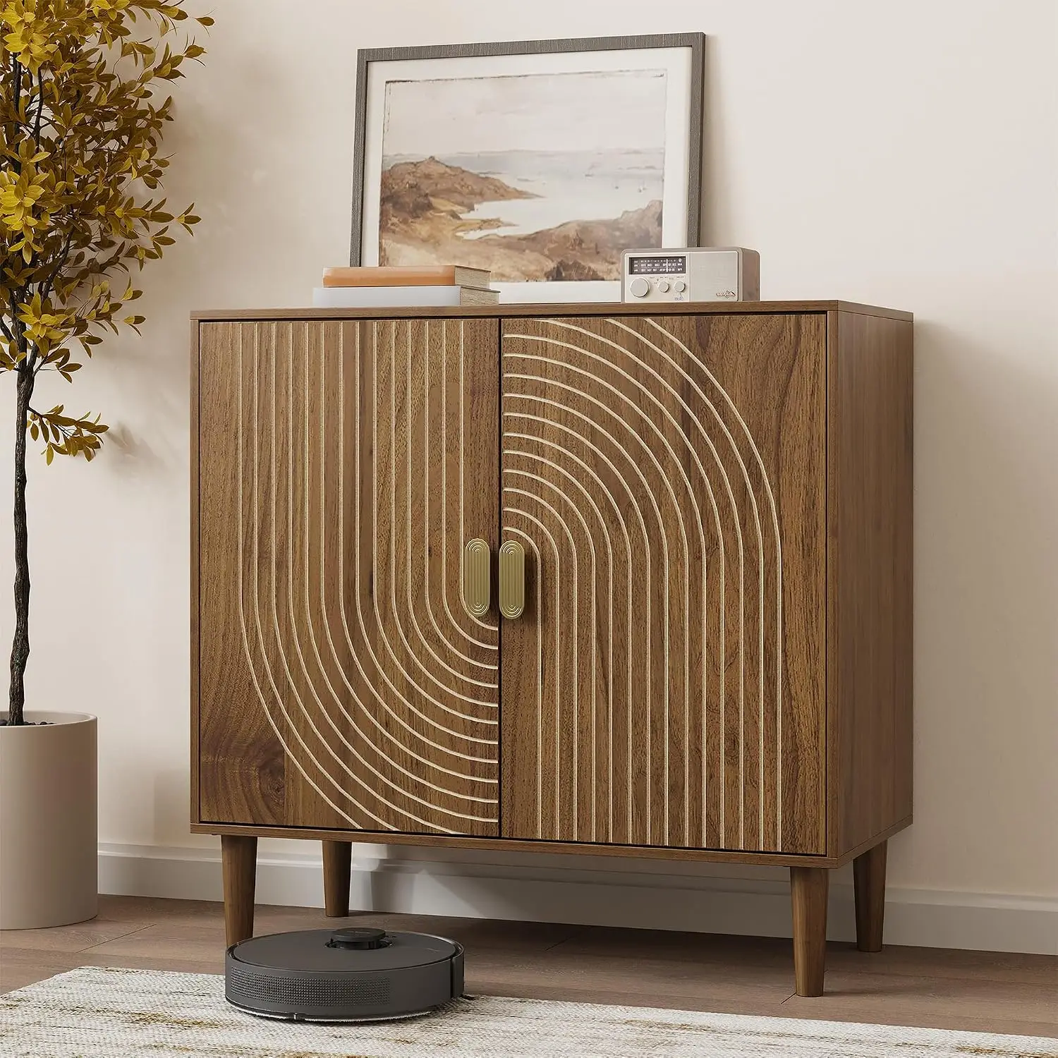 Walnut Sideboard Buffet Cabinet, Freestanding Wood Storage Cupboard With Line Groove Doors, Accent Entryway Console Table With Adjustable Shelves For Living Room Hallway Kitchen Dining Room