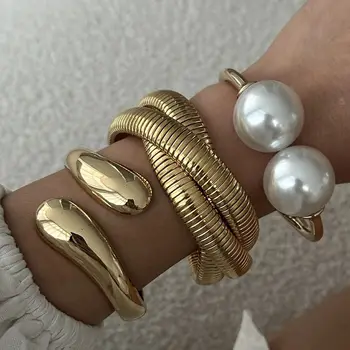 DIEZI Hip Hop Pearl Wide Cuff Bangles Punk Fashion Gold Silver Color Geometric Spring Bangles For Women Bracelet Men Jewelry