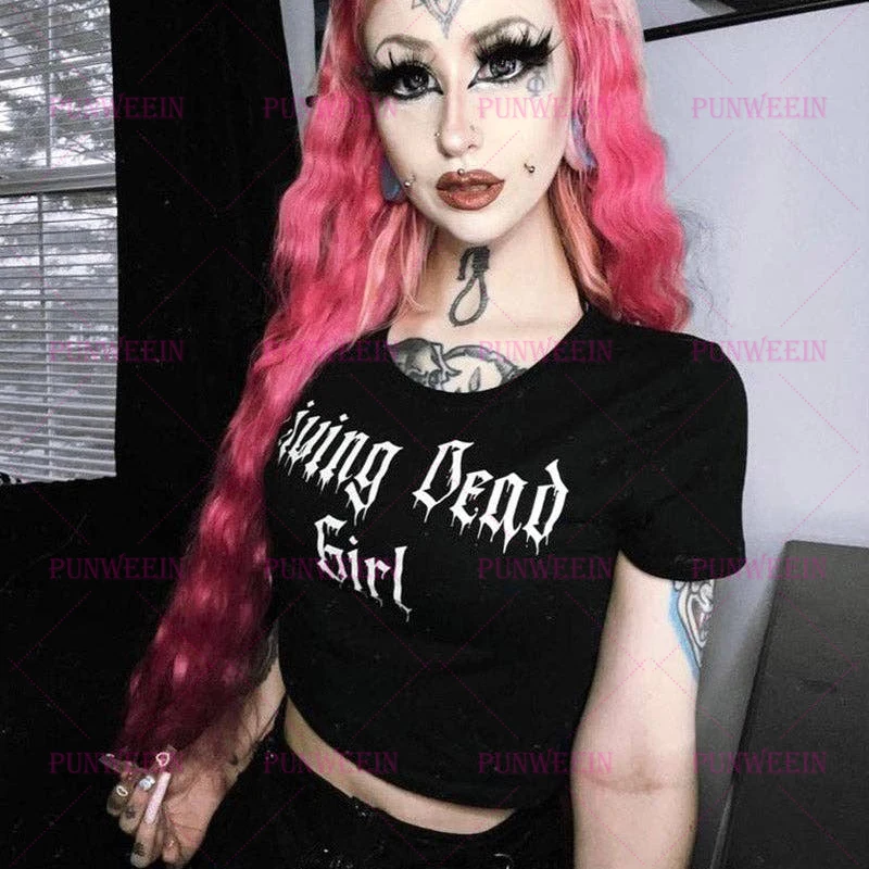 Living Dead Girl Gothic T-shirt Women Vintage Harajuku SweetGirls Letter Print Tops Streetwear Sexy Slim Emo girls Y2K Crop Tops