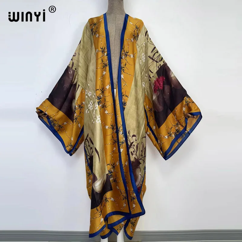 WINYI 2022 Summer Women Cardigan stitch holiday Boho Maxi African Holiday Batwing Sleeve Silk feeling Robe kimono kaftan