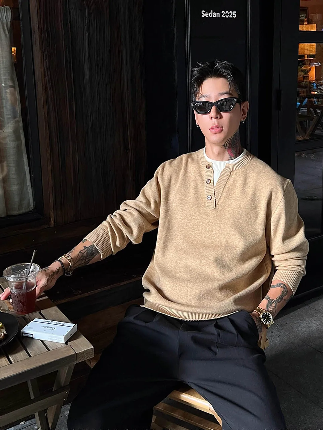 

Теплый повседневный вязаный свитер, мужской свободный крой с воротником Генри, искусственный двухсекционный модный осенне-зимний модный топ