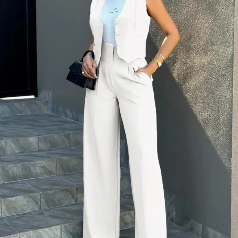 Stylish Women\'s Commuting Wide-Leg Pants V-Neck Sleeveless Vest Top Casual Blazer Vest Two-Piece Set Solid Color Elegant Suit