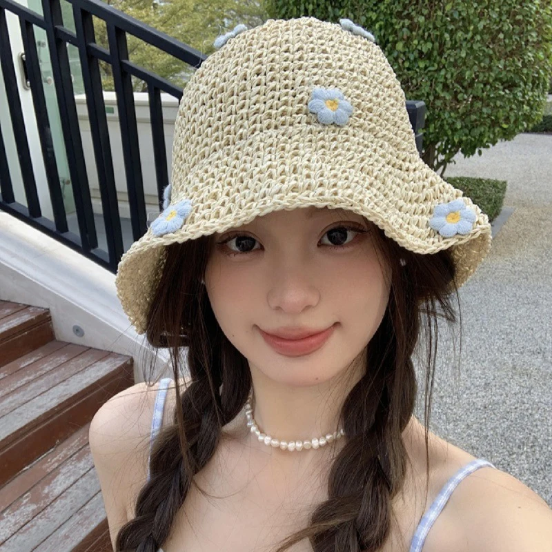 Flower Design Straw Fisherman Hat Women's Summer Braided Straw Hat Holiday Beach Breathable Sunshade Panama Hat New Sun Cap