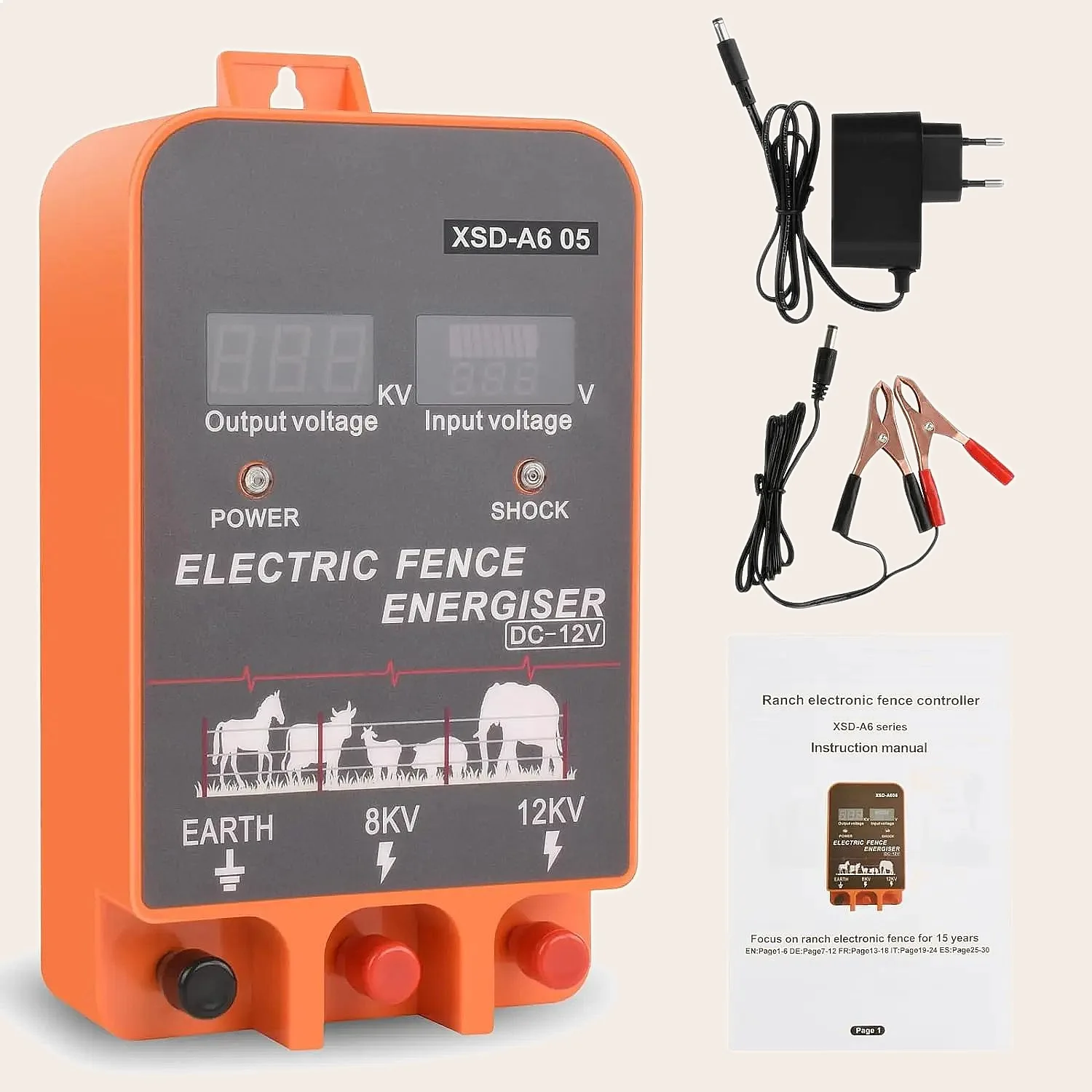 10KM Electric Fence Energizer 12V Pulse Controller LCD Display for Farm Sheep Cattle