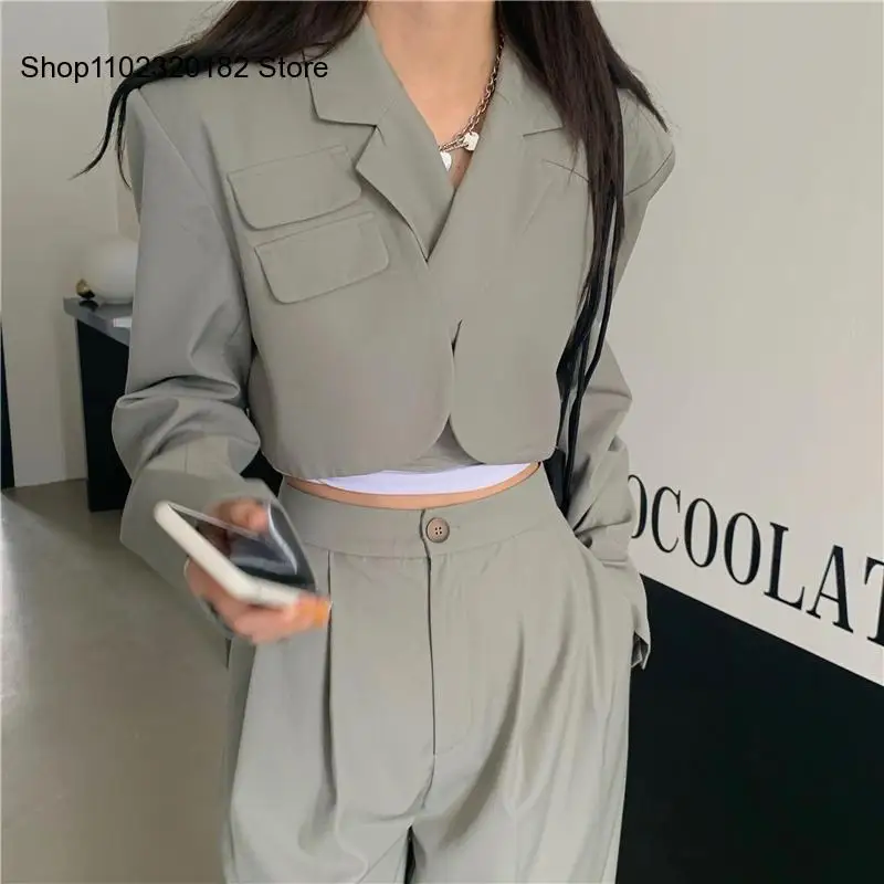 Women Sexy New Crop Blazer Jacket High Waist Trousers Suits Wide Leg Pants Fashion for Female Summer