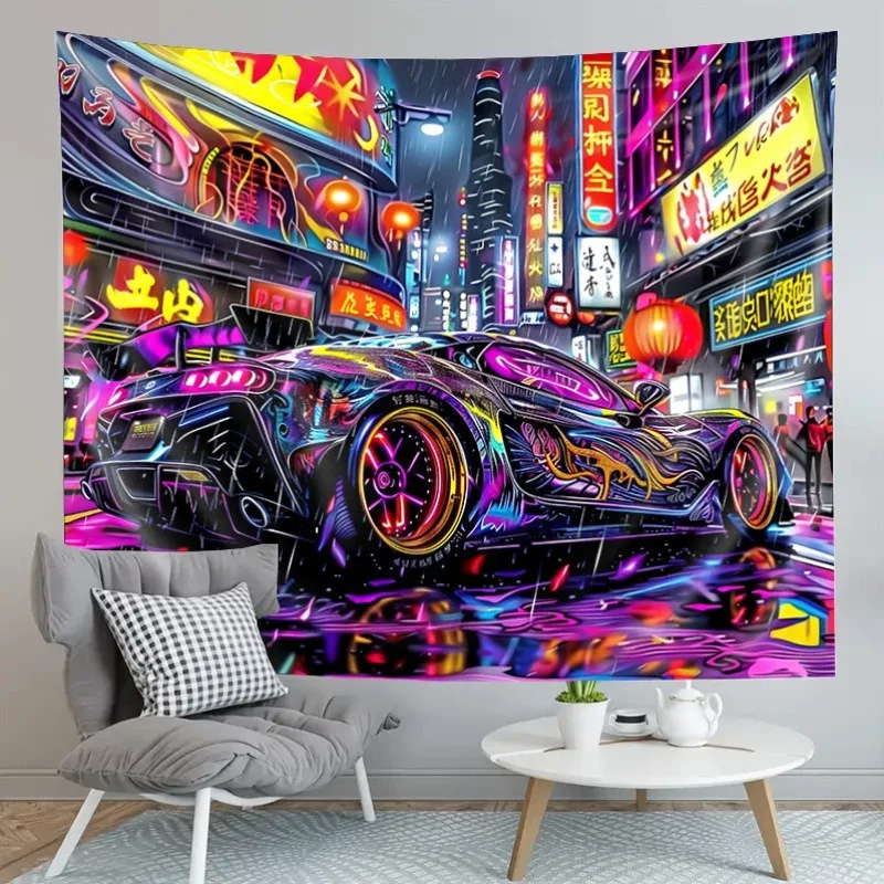 Cyberpunk Sports Car Neon Tapestry: Futuristic Street Glow,UV tapestry wall hanging bedroom home party decoration