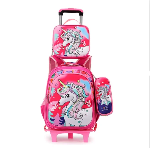 Fotografia 6: Nova mochila de couro pu 3d, estudante da escola primária, tecido de nylon, conjunto de 3 peças, mochila infantil com lancheira para meninas