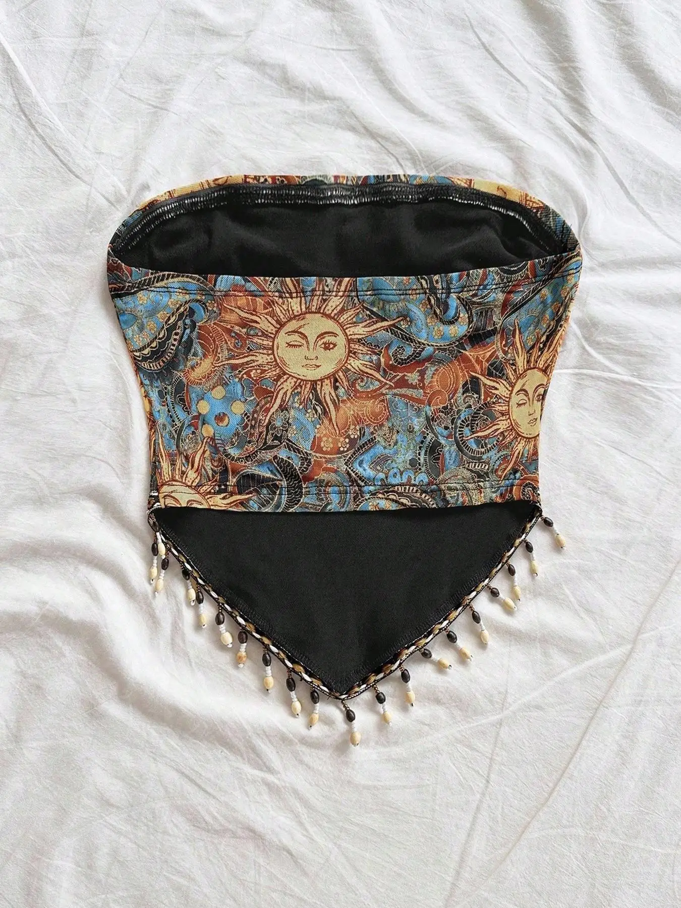 Ladies' 1pc Printed Mesh Knitted Tube Top with Triangular Hem And Beaded Fringe Trimmings