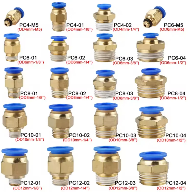 

20PCS Pneumatic Air Connector Fitting PC 4mm 6mm 8mm 10mm 12mm Thread 1/8" 1/4" 3/8" 1/2" Hose Fittings Pipe Quick Connectors