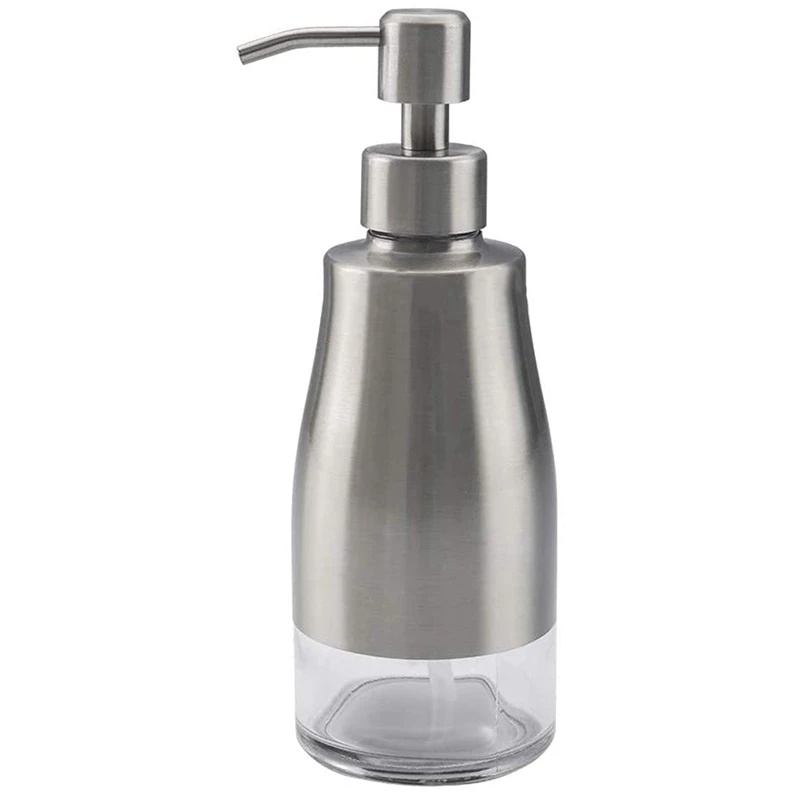 Soap Dispenser,Brushed Nickel Stainless Steel Case Glass Liner Hand Pump Dispenser,Refillable Liquid Hand Soap Dispenser