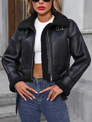 FTLZZ Autumn Winter Casual Lady Lapel Zipper Short Coat Women Faux Lambswool Leather Jacket High Street Leather Outwear