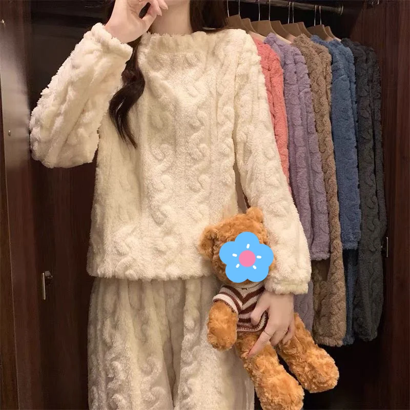 Pijamas gruesos para mujer, ropa de dormir dulce de lana coral para mantener el calor, pijama bonito de manga larga con cuello redondo, conjunto de dos piezas para otoño e invierno