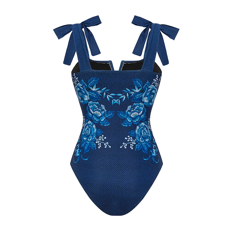 New Swimwear Women Push Up One Piece Swimsuit Embroidery Printed Bowknot Shoulder Swimsuit Bathing Suit Bodysuit Monokini