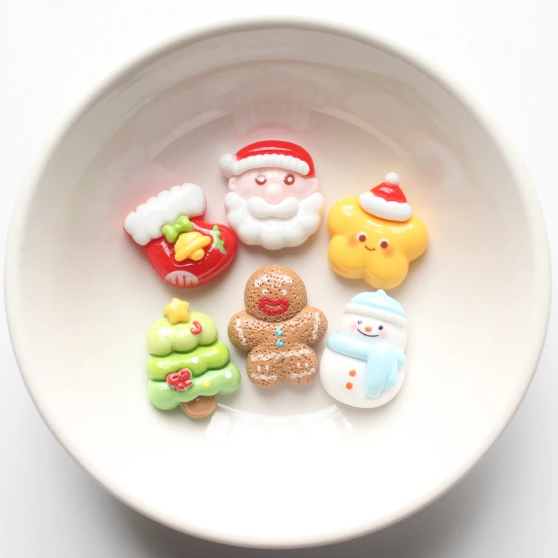 10pcs Christmas Snowman Trees Star Cute Santa Claus Sock Flatback Figurine Scrapbook Resin DIY Jewelry Decor Embellishment Craft