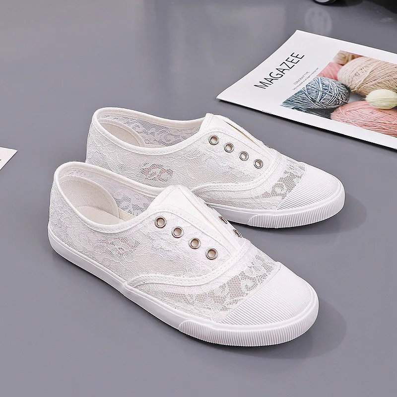Women's Lace Hollow-Out Canvas Flats Breathable White Ballet-Inspired Sneakers Comfortable All-Match Footwear Lightweight Shoes