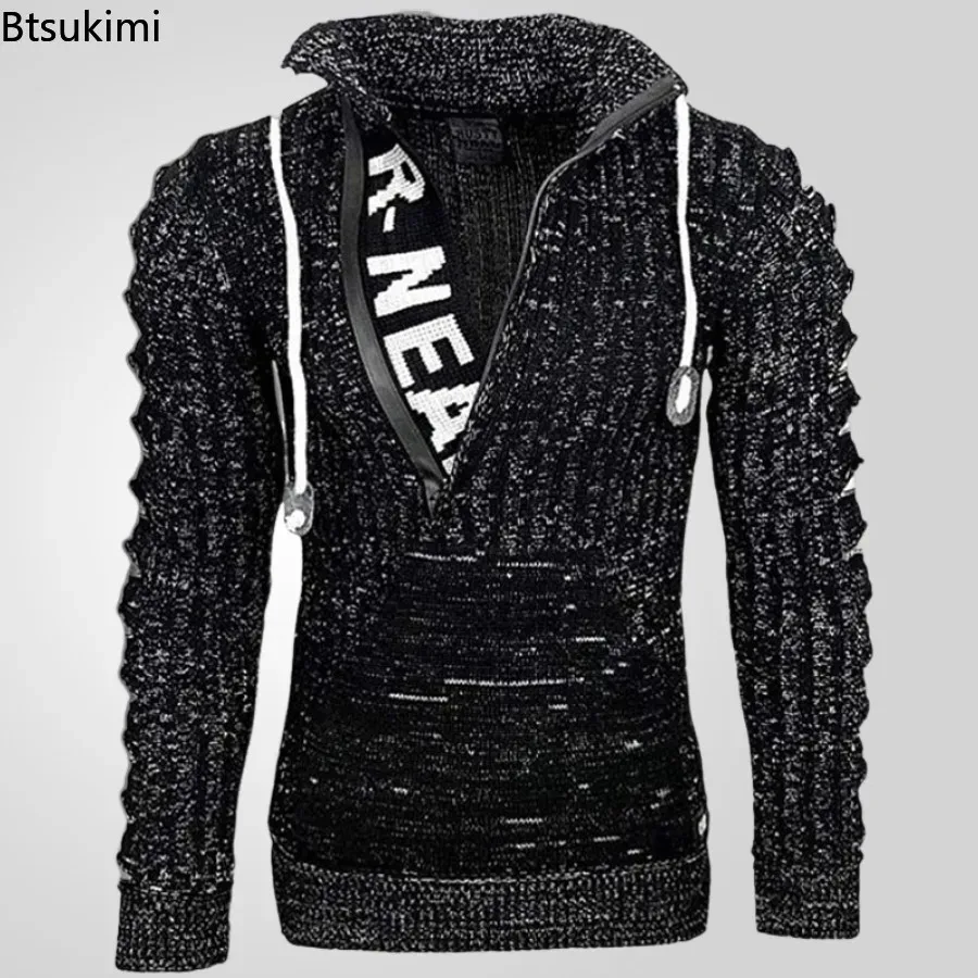 

Pullovers Autumn Winter Men's Stand Collar Knitted Sweaters Retro Trend Streetwear Hip Hop Casual Men Knit Pockets Sweater Coats