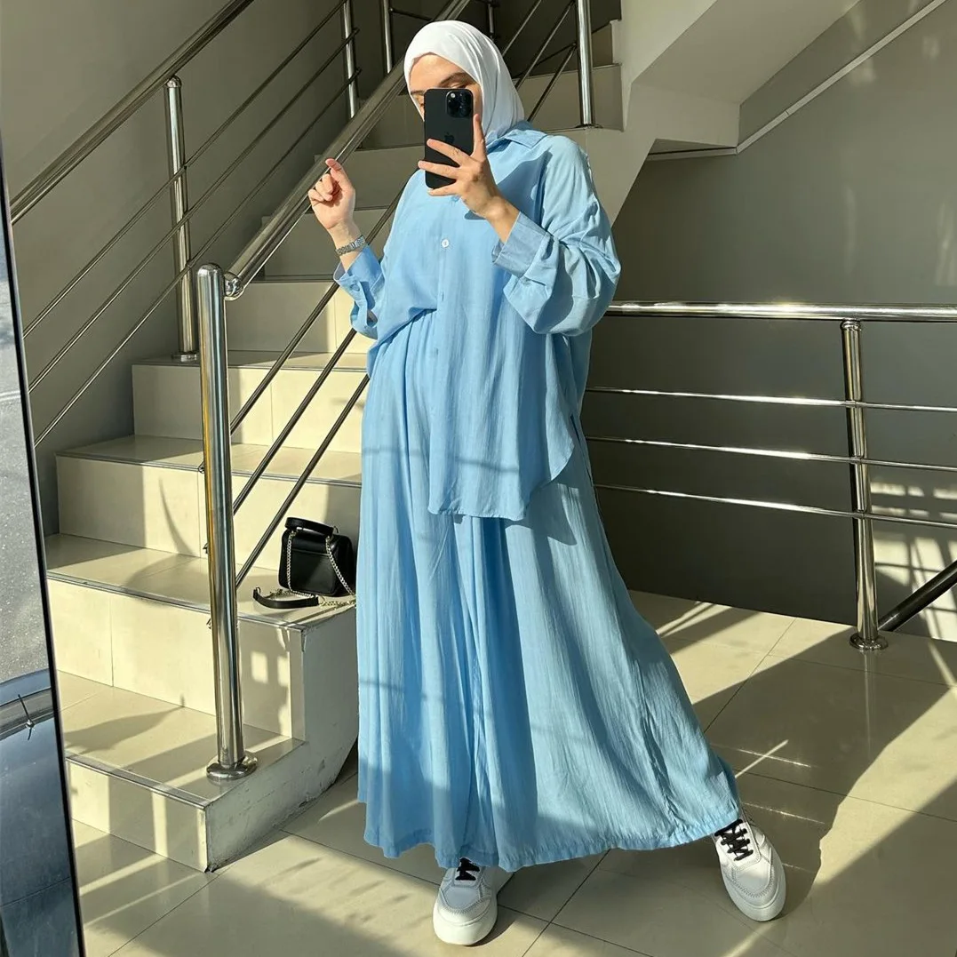 Muslim Women Two Piece Set Shirt Wide Leg Pants Suit Ramadan Eid Morocco Buttons Dubai Islam Outfits Arabic Modest Ensemble