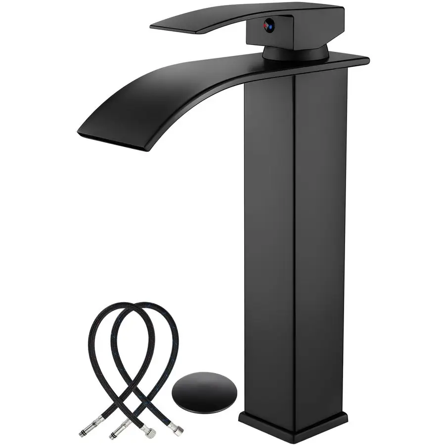 

Vessel Sink Facuet Waterfall Tall Bathroom Faucets Vanity Single Handle 1 Hole Modern with Popup Drain and Supply Hoses,Matte Bl