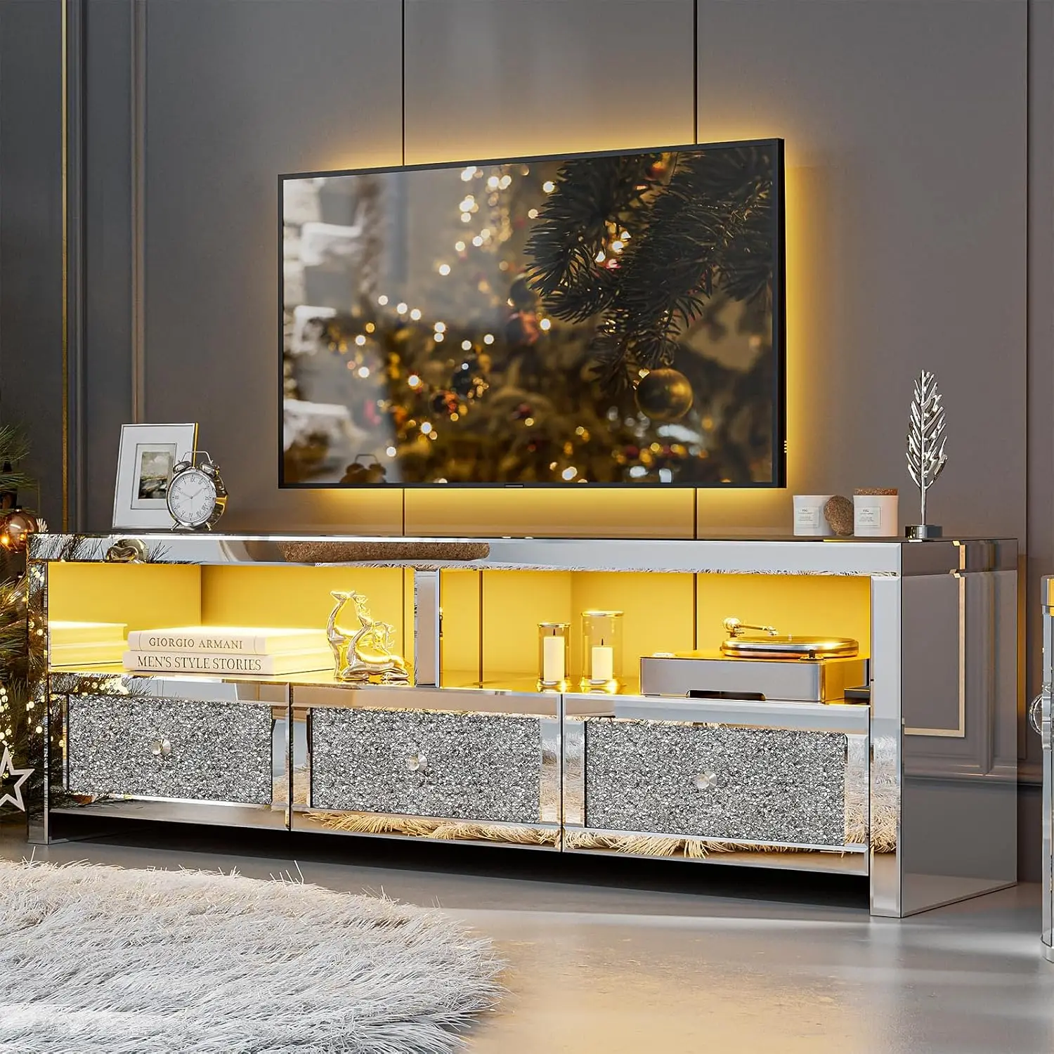 Silver Mirrored TV Stand with LED Light, 3 Drawers & 2 Open Shelves for Living Room up to 65