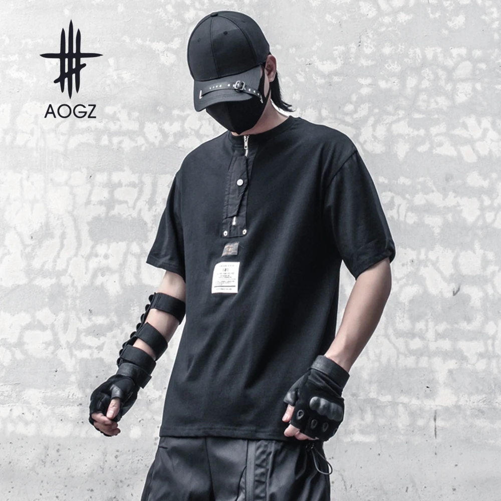 

AOGZ Hip Hop Streetwear Half-zipper Round Neck Short Sleeve Techwear Functional T Shirt Men Casual Loose Tee Top Summer Harajuku