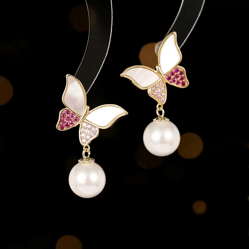 Bilincolor Natural White Fritillaria  Pearl Butterfly Earrings for Wedding or Party