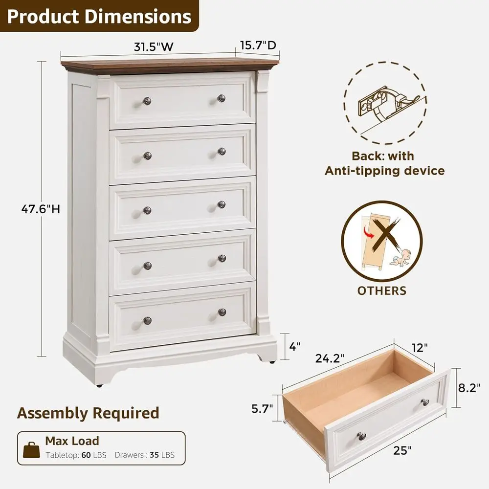 47インチのアンティークホワイトの素朴な寝室用木製引き出し、十分な収納スペース付き
