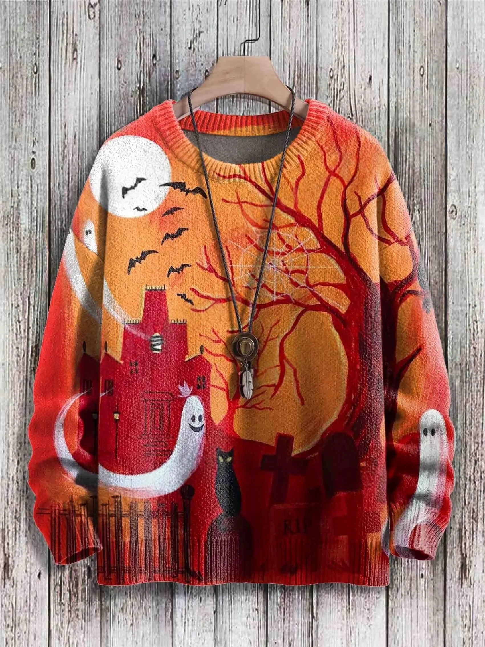 Halloween-Schloss, schwarze Katze, Geist, Retro-Kunst, 3D-Druck, Herren-Strickpullover, Winter, Unisex, lässiger Strickpullover. – Detail 9
