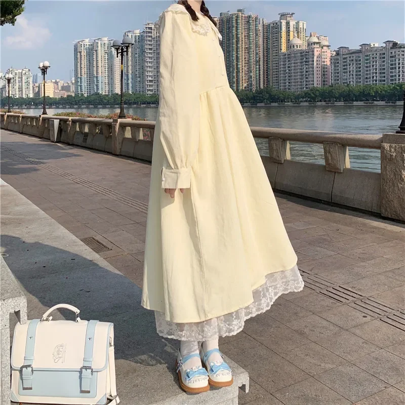 

Платья с длинным рукавом, женские платья в японском стиле для студентов, милые девушки, кружевной дизайн, темперамент, свободные миди, элегантные, популярные Y2k