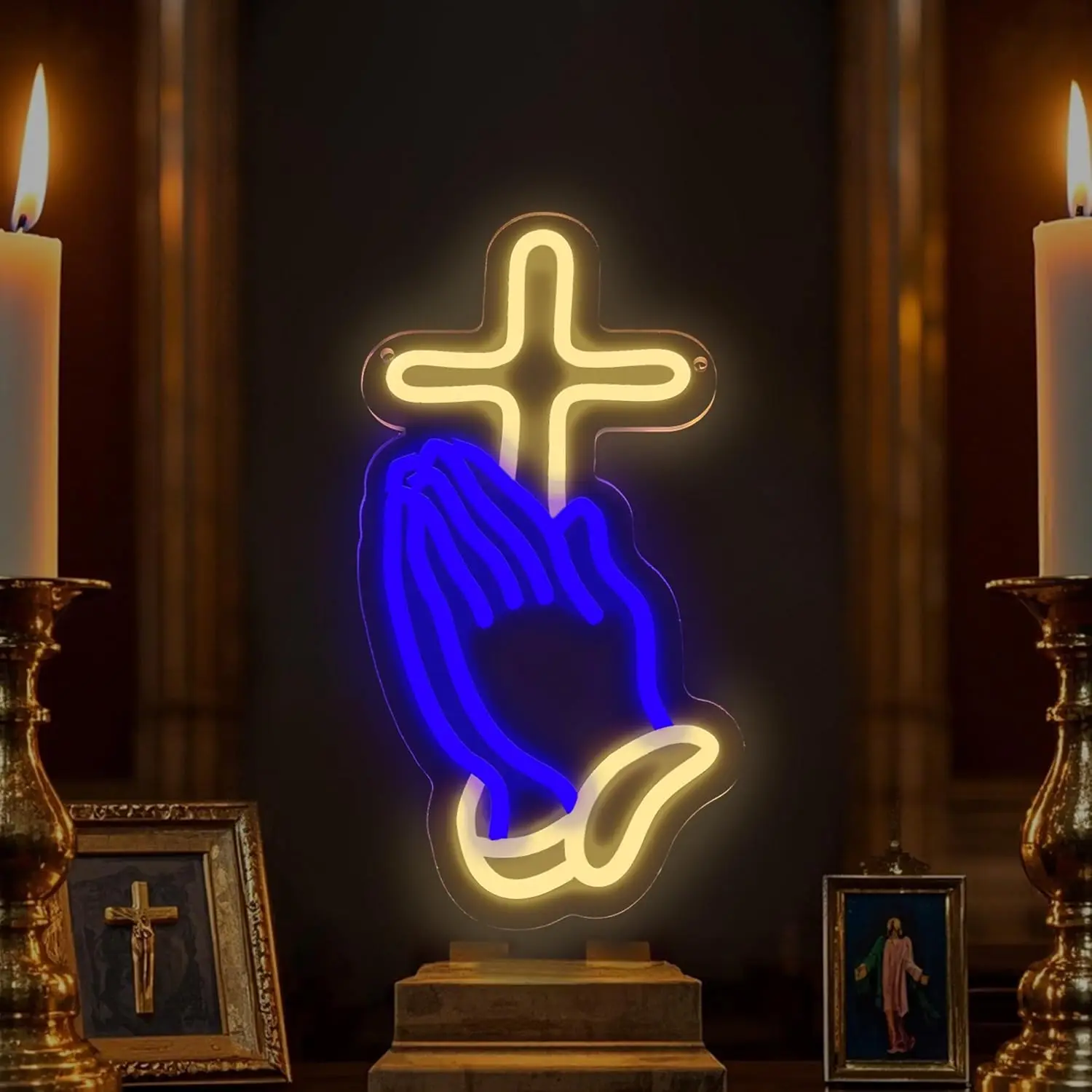 Praying Hands with Cross Neon Sign USB Dimmable LED Christian Wall Light for Church Prayer Room Religious Faith Home Decor Gift