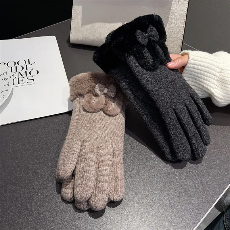 Gloves Women Wool Lined Touch Screen Winter Cycling Warm Bow Tie Outdoor One Size